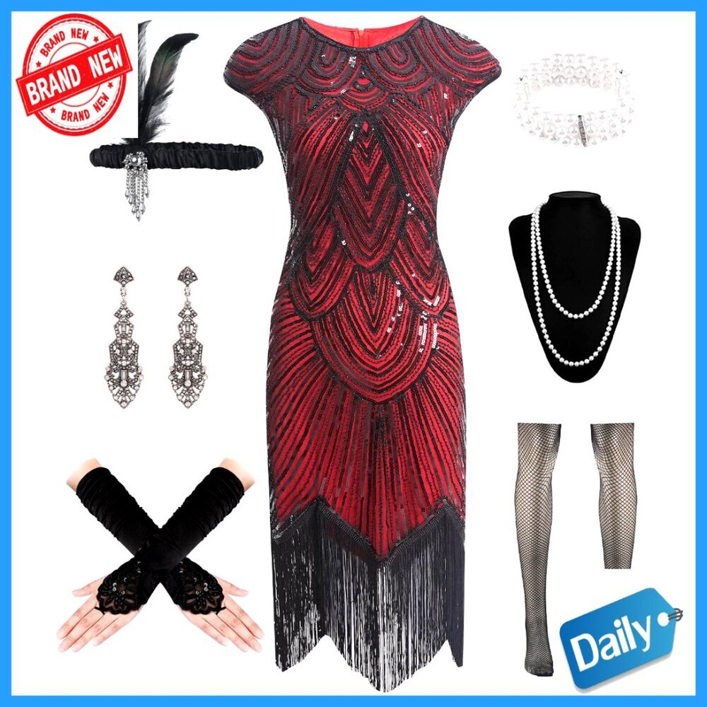 Vintage 1920s Flapper Dress Sequin Fringe Cocktail Dress with Accessories Set